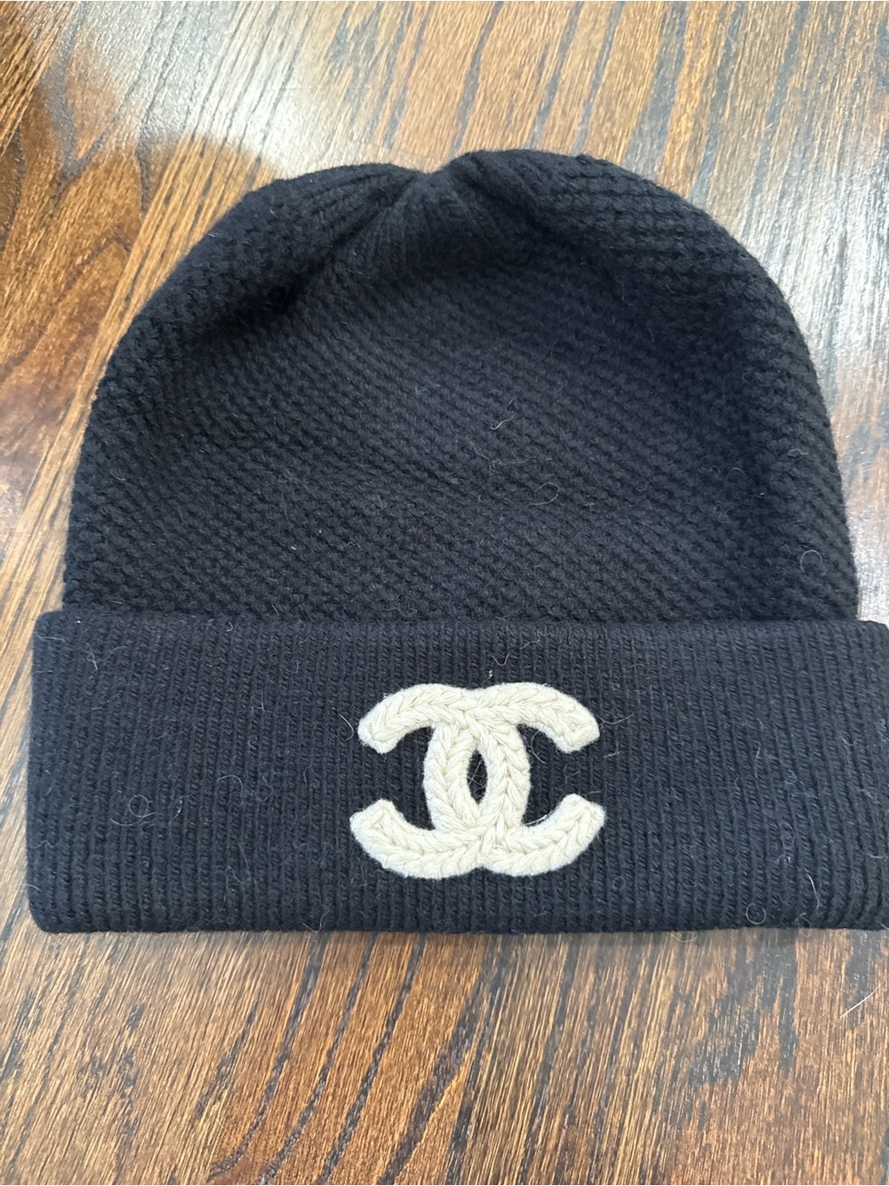 CHANEL Black Beanie with Cream Interlocking CC Patch